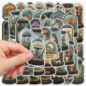 50 Forest Specimens Stickers Mushrooms Frogs Insects Skulls Glass Cloche Plants